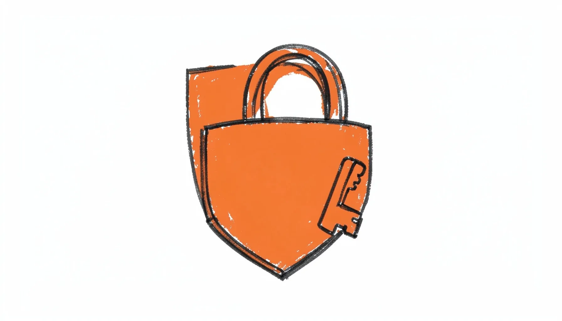 Hand-drawn ink illustration of a padlock shield icon with two overlapping key shapes beside it, rendered in warm terracotta and sepia tones