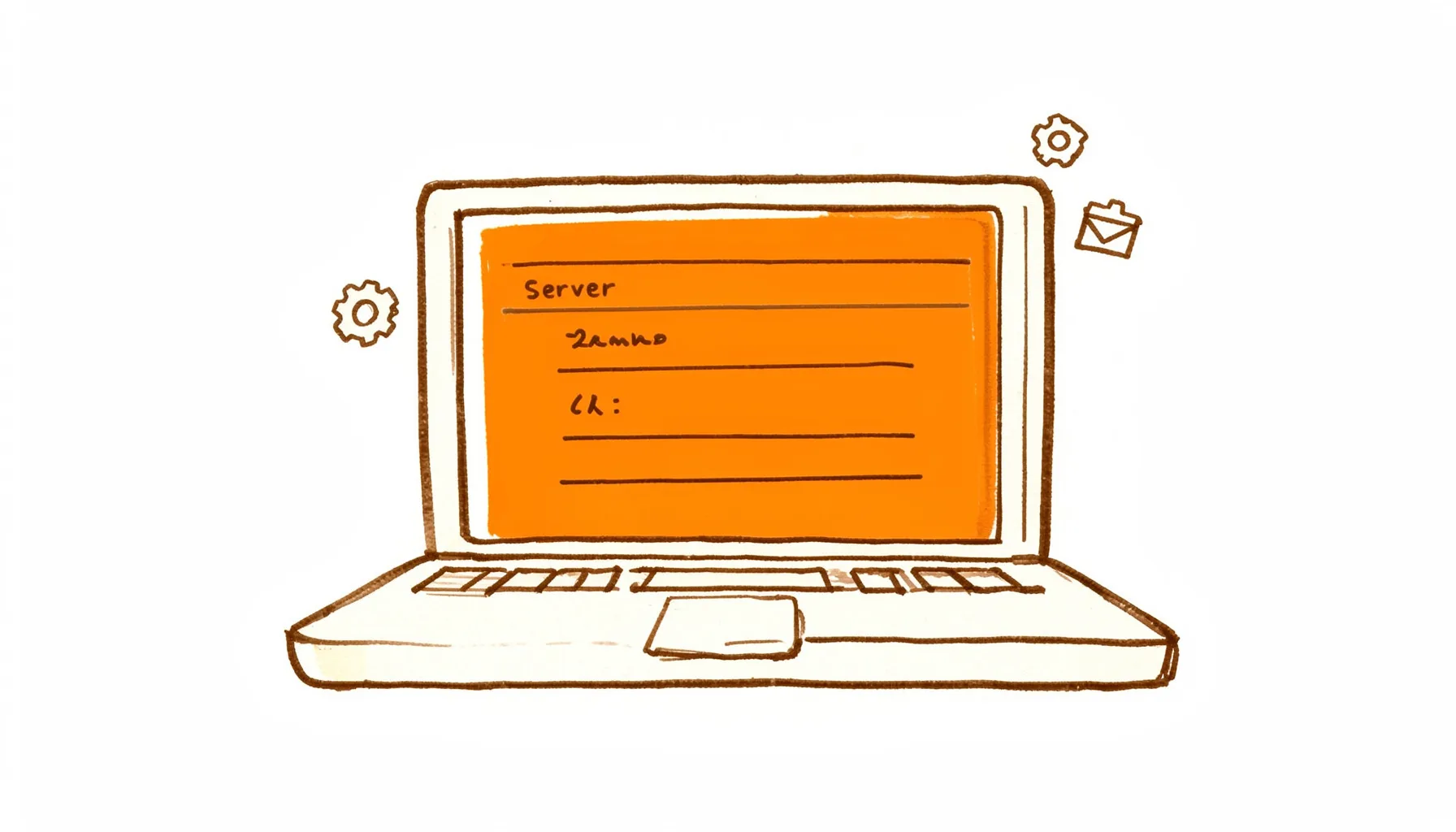 A hand-drawn ink illustration of a laptop screen displaying a simplified email settings dialog with server fields, surrounded by soft warm gray and peach tones.